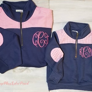 Monogrammed Family Pullover, Quarter Zip Seersucker Gingham, Elbow Patch Pullover, Mommy Daddy and Me, Adult Youth Toddler Pullover, image 8