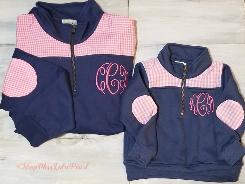 Monogrammed Family Pullover, Quarter Zip Seersucker Gingham, Elbow Patch Pullover, Mommy Daddy and Me, Adult Youth Toddler Pullover, image 8