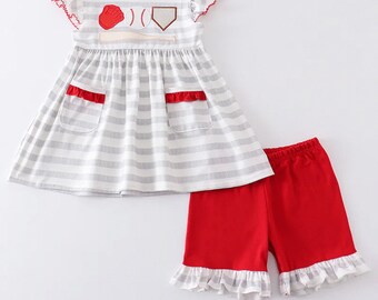 Toddler Youth Girl Baseball Outfit, Baseball Sister, Baseball Smocked Applique Embroidery Set