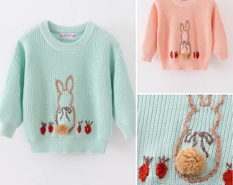Toddler Youth Girl Spring Bunny Sweater, Easter Bunny Rabbit Sweater, Embroidered Easter Sweater