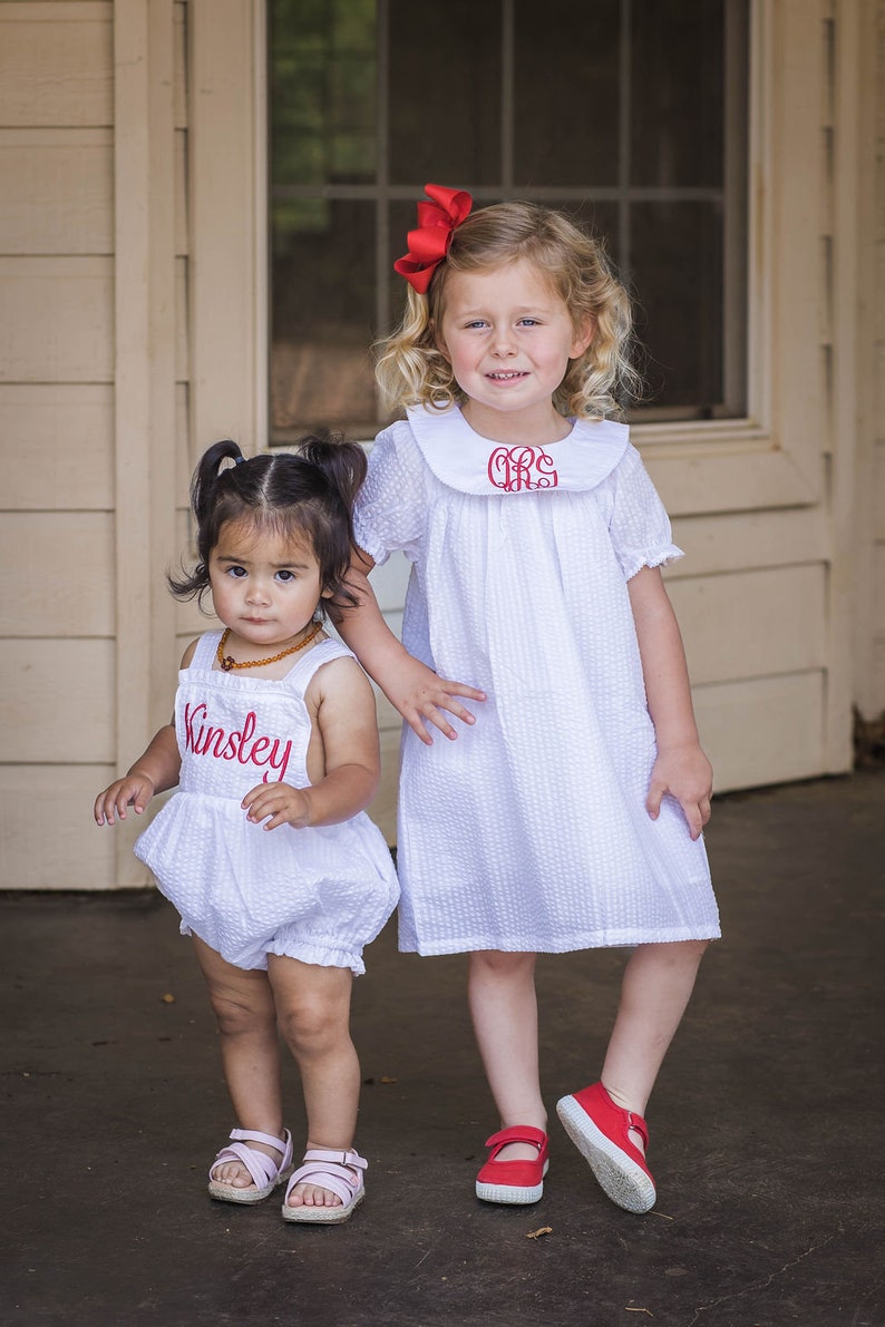 Baby Toddler Girls Bishop Dress, School Dress, Smocked Dress, Personalized Monogrammed smocked bishop collar dress image 3