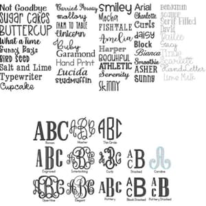 May include: A chart of different font styles and names, including "Not Goodbye Sugar Cakes", "Carried Away Mallory", "Smiley Mocha", "Arial Charlotte", "Benjamin Scaplop", "Fish Tale Curls", "Amelia Daisy", "Harper Block", "Beautiful Smoothie", "Athletic Asher", "Serenity Skinny", "Studmuffin", "Lucida", "Garamond", "Ruby", "What a Time Sunny Rays", "Bird Seed Salt and Lime Typewriter Cupcake". Below the chart are different styles of the letters "ABC" in various fonts, including "Roman", "Master", "Thin Circle", "Engraved", "Interlocking", "Curls", "Stacked", "Caroline", "Open Vine", "Elegant", "Pottery", "Block Stacked", and "Pottery Stacked".