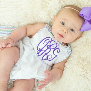 Monogrammed Bow Back Bubble, Baby Sunsuit, Smocked Baby Bubble Sunsuit, Sun Suit, Seersucker Baby Girl Outfit, Baby Romper image 5
