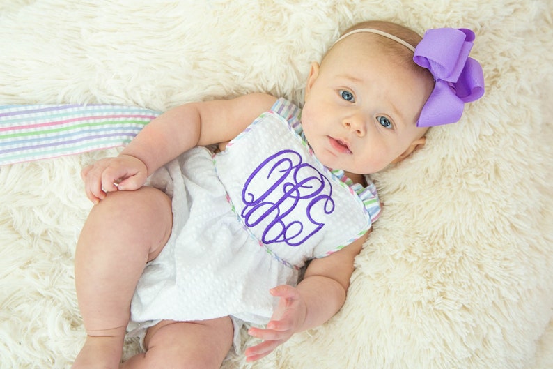 Monogrammed Bow Back Bubble, Baby Sunsuit, Smocked Baby Bubble Sunsuit, Sun Suit, Seersucker Baby Girl Outfit, Baby Romper image 5