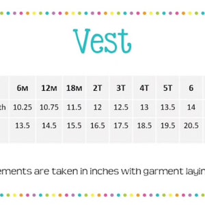 May include: A size chart for a vest, showing chest width and length measurements in inches for sizes 6 months to 10 years.