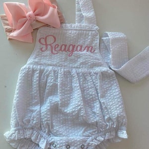 Monogrammed Bow Back Bubble, Baby Sunsuit, Smocked Baby Bubble Sunsuit, Sun Suit, Seersucker Baby Girl Outfit, Baby Romper image 3