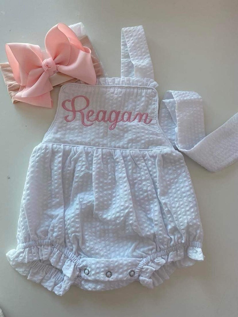 Monogrammed Bow Back Bubble, Baby Sunsuit, Smocked Baby Bubble Sunsuit, Sun Suit, Seersucker Baby Girl Outfit, Baby Romper image 3