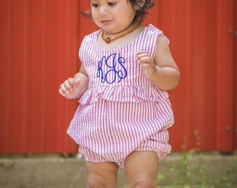 Seersucker Ruffle Romper, Baby Toddler Girl Romper, Monogrammed Baby Outfit, Embroidered Seersucker Outfit, Seersucker Baby Outfit