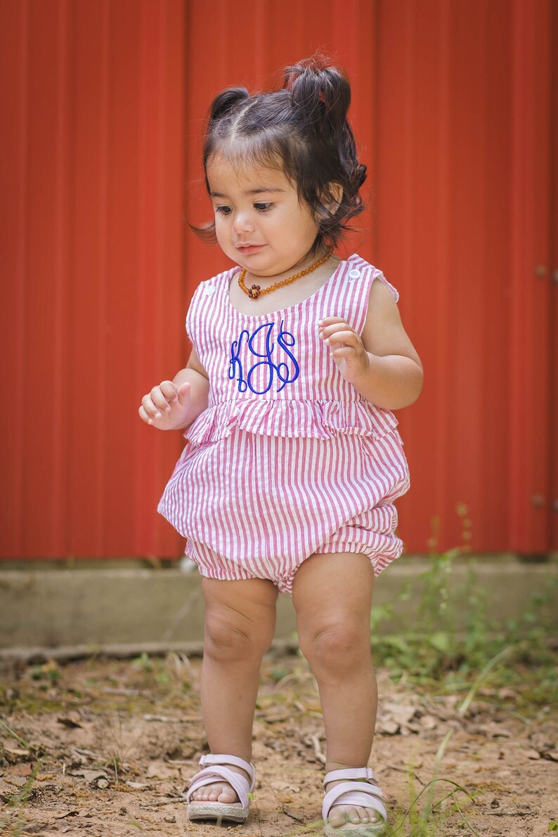 Seersucker Ruffle Romper, Baby Toddler Girl Romper, Monogrammed Baby Outfit, Embroidered Seersucker Outfit, Seersucker Baby Outfit image 1