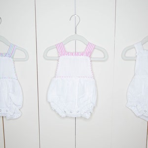 Monogrammed Bow Back Bubble, Baby Sunsuit, Smocked Baby Bubble Sunsuit, Sun Suit, Seersucker Baby Girl Outfit, Baby Romper image 7