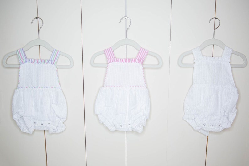 Monogrammed Bow Back Bubble, Baby Sunsuit, Smocked Baby Bubble Sunsuit, Sun Suit, Seersucker Baby Girl Outfit, Baby Romper image 7