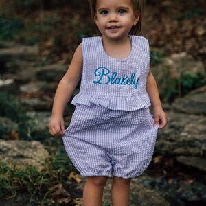 Seersucker Ruffle Romper, Baby Toddler Girl Romper, Monogrammed Baby Outfit, Embroidered Seersucker Outfit, Seersucker Baby Outfit image 6