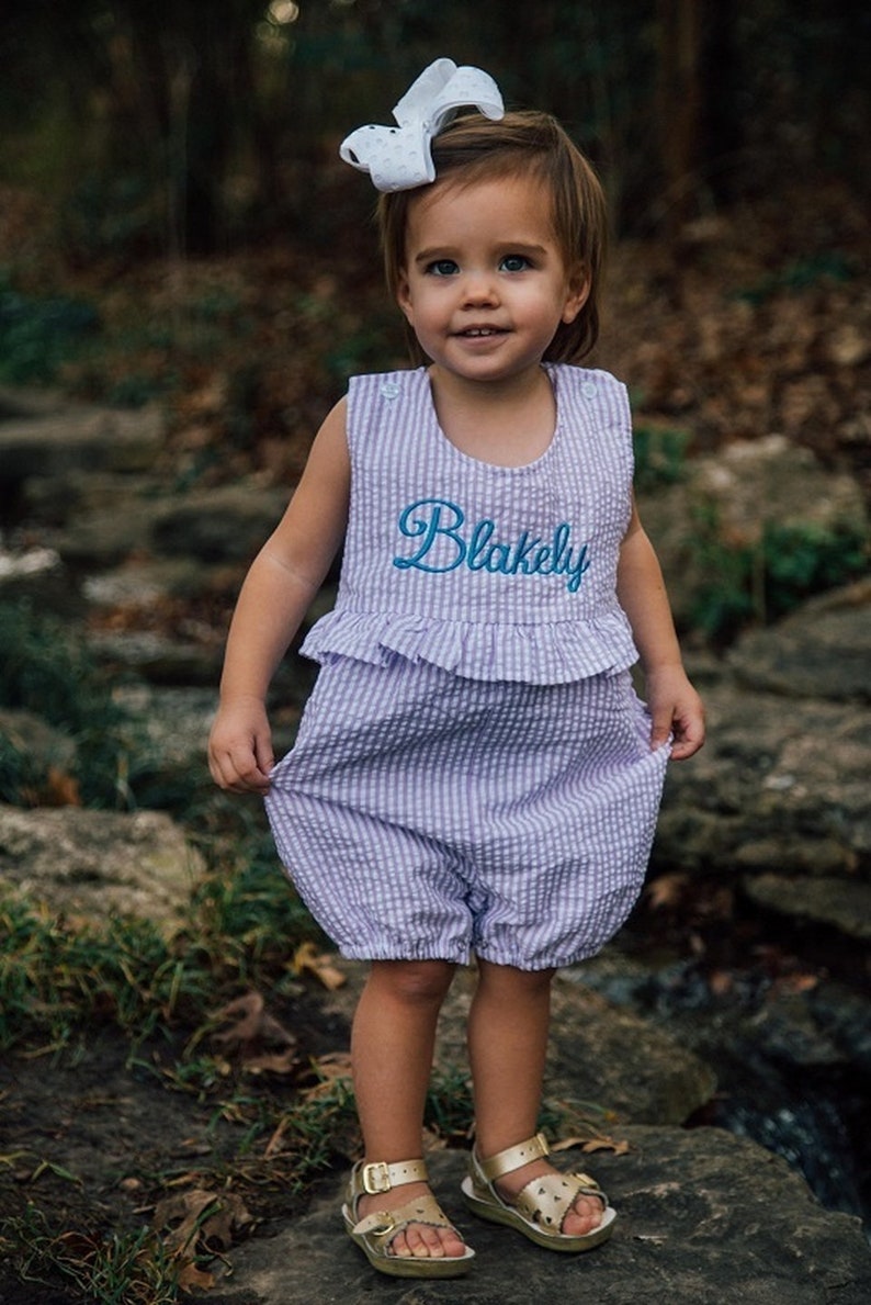 Seersucker Ruffle Romper, Baby Toddler Girl Romper, Monogrammed Baby Outfit, Embroidered Seersucker Outfit, Seersucker Baby Outfit image 6