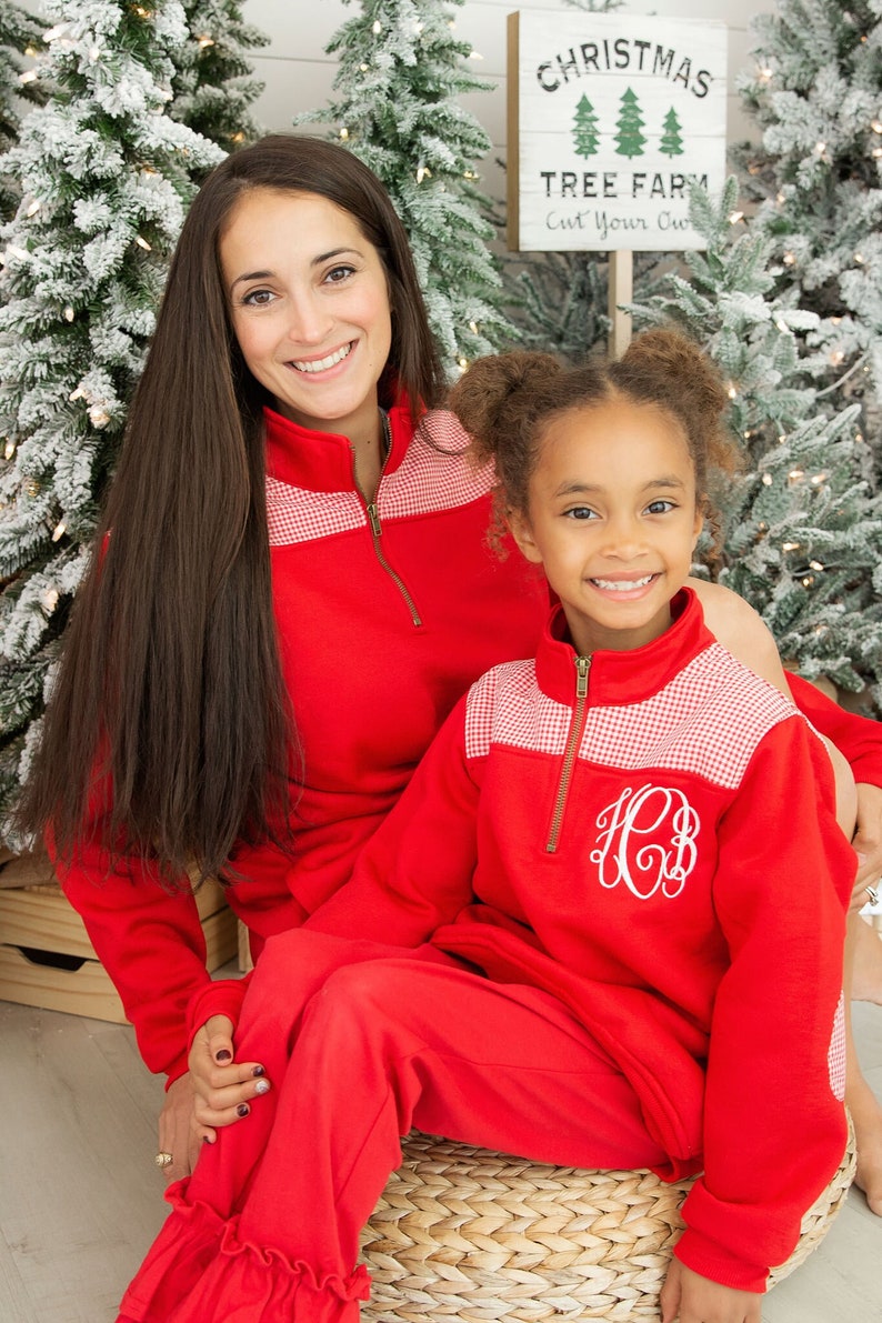 Monogrammed Family Pullover, Quarter Zip Seersucker Gingham, Elbow Patch Pullover, Mommy Daddy and Me, Adult Youth Toddler Pullover, image 2