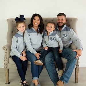 Monogrammed Family Pullover, Quarter Zip Seersucker Gingham, Elbow Patch Pullover, Mommy Daddy and Me, Adult Youth Toddler Pullover, image 1