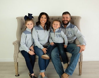 Monogrammed Family Pullover, Quarter Zip Seersucker Gingham, Elbow Patch Pullover, Mommy Daddy and Me, Adult Youth Toddler Pullover,