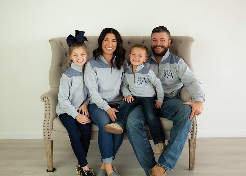 Monogrammed Family Pullover, Quarter Zip Seersucker Gingham, Elbow Patch Pullover, Mommy Daddy and Me, Adult Youth Toddler Pullover, image 1