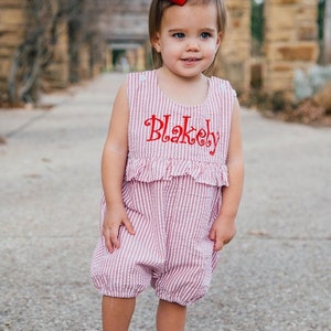 Seersucker Ruffle Romper, Baby Toddler Girl Romper, Monogrammed Baby Outfit, Embroidered Seersucker Outfit, Seersucker Baby Outfit image 3