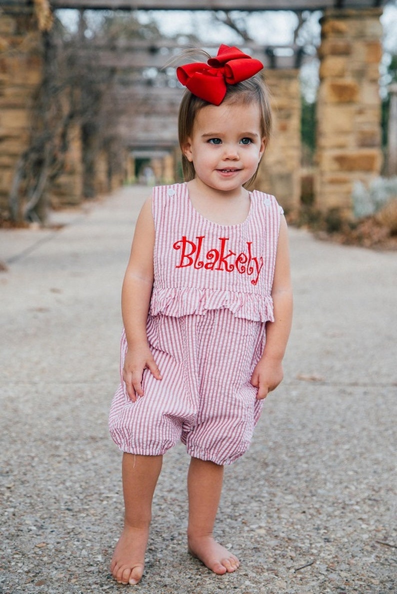 Seersucker Ruffle Romper, Baby Toddler Girl Romper, Monogrammed Baby Outfit, Embroidered Seersucker Outfit, Seersucker Baby Outfit image 3