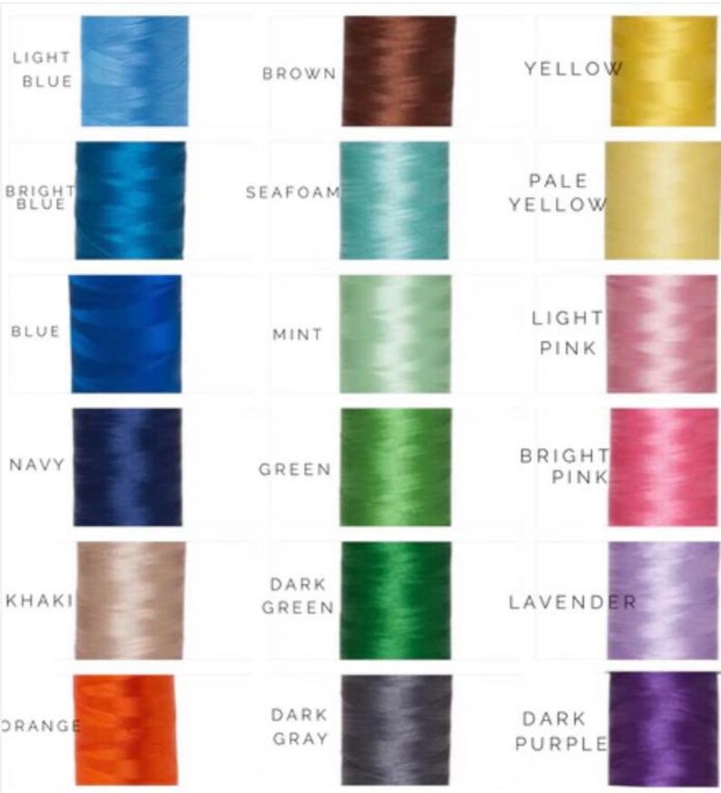 Puede incluir: Una carta de colores de hilo de bordar con 20 colores diferentes, incluyendo azul claro, azul brillante, azul, azul marino, caqui, naranja, marr&oacute;n, espuma de mar, menta, verde, verde oscuro, gris oscuro, amarillo, amarillo p&aacute;lido, rosa claro, rosa brillante, lavanda y morado oscuro.