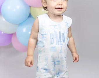Baby Toddler Boy Birthday Shortall, Smocked Embroidered Birthday Romper