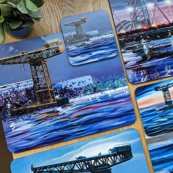 Placemats and coaster set, Glasgow Clyde Titan Crane set of 4. Scotlands iconic giant cantilever crane, table set dinner party table setting