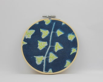 IVY, Botanical cyanotype on fabric, Embroidery Cyanotype on frame, Wall decoration, blue print Wall Decor