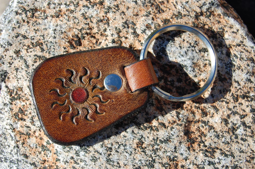 Leather Keychain Sun Ray Design Vintage 1970's Handmade Hand Tooled ...