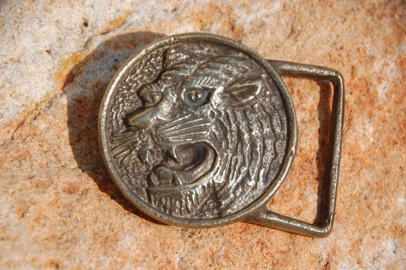 Tiger Head Belt Buckle Vintage 1970/'s Solid Brass Round Hippie Boho Retro