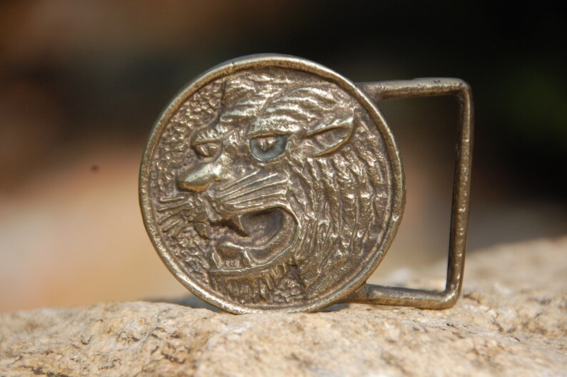 Tiger Head Belt Buckle Vintage 1970/'s Solid Brass Round Hippie Boho Retro