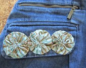 St. John 39 s Bay repurposed Denim Skirt, large, embellished with paisley yo-yos on pockets and the bottom right hand side of the skirt