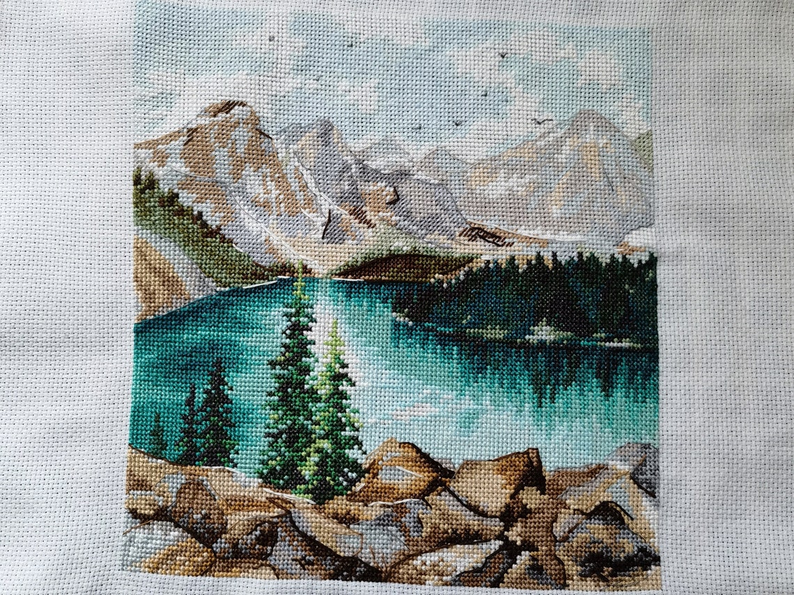 Finished Cross Stitch Lake Nature Completed Cross Stitch | Etsy