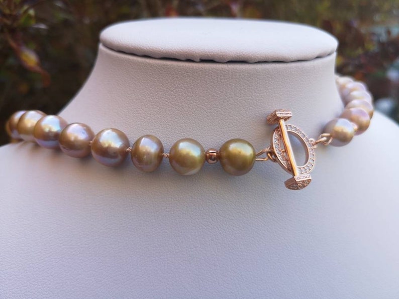 Natural Freshwater Cultured Bronze Pearls Silk Knotted Necklace Rose Gold Plated Sterling Silver Clasp Bridal Wedding