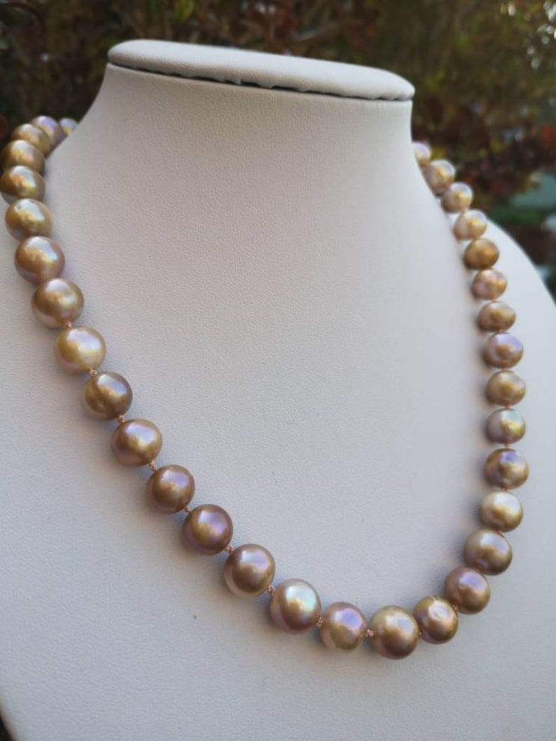 Natural Freshwater Cultured Bronze Pearls Silk Knotted Necklace Rose Gold Plated Sterling Silver Clasp Bridal Wedding