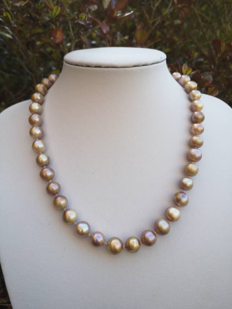 Natural Freshwater Cultured Bronze Pearls Silk Knotted Necklace Rose Gold Plated Sterling Silver Clasp Bridal Wedding