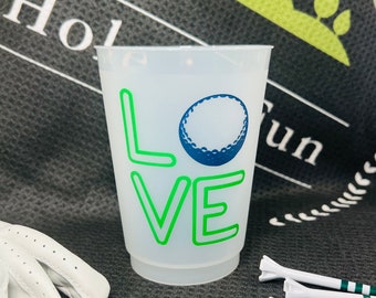 Lieben Sie Golf? 16oz Plastikbecher bedruckt in grün + marineblau. 10 Tassen zu einem Ärmel.