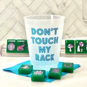 Mahjong Madness! Don’t TOUCH my rack! 10 16oz plastic cups printed in turquoise blue