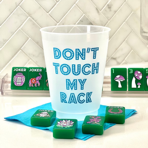 Mahjong Madness! Don’t TOUCH my rack! 10 16oz plastic cups printed in turquoise blue