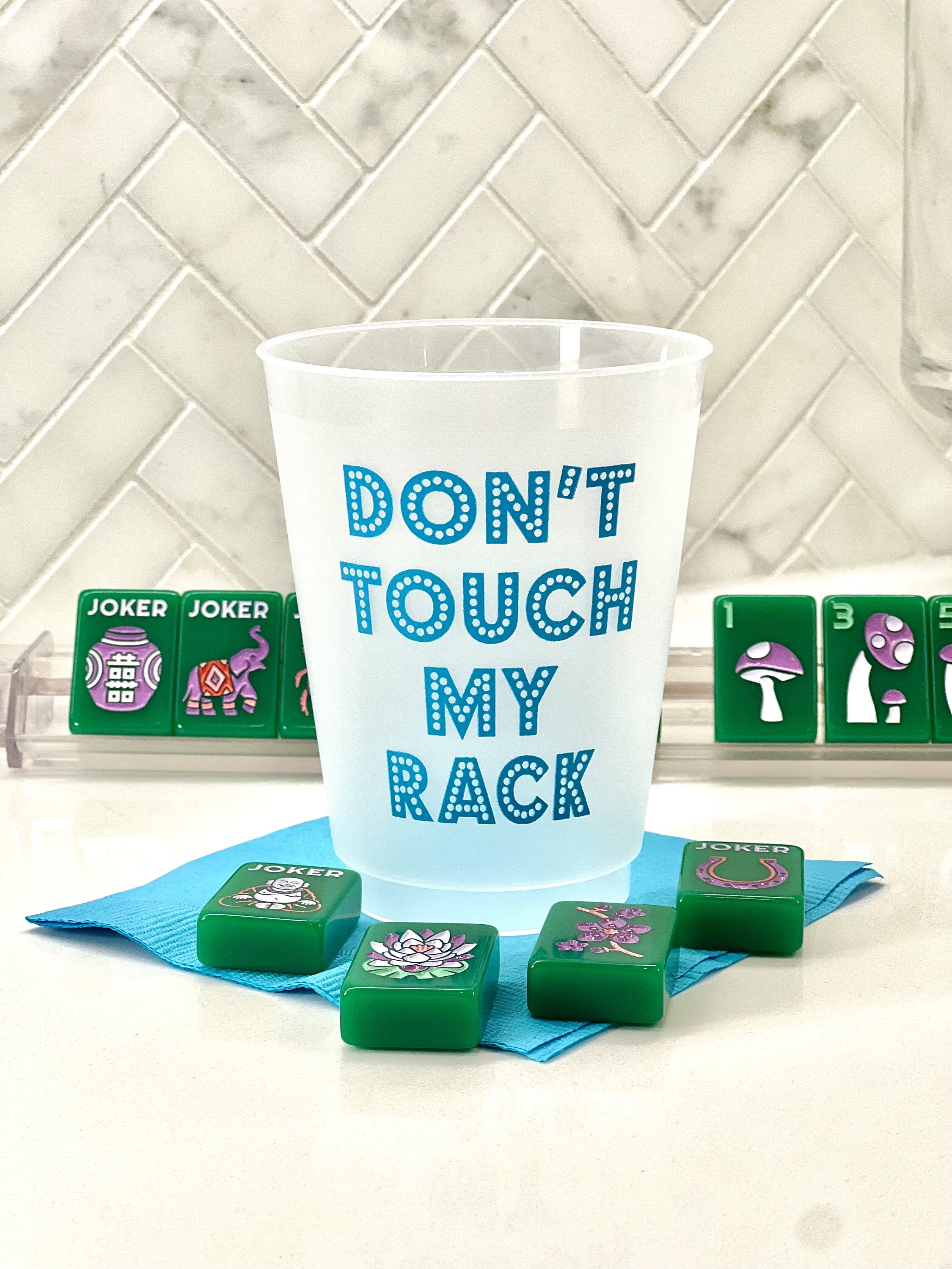 Mahjong Madness! Don’t TOUCH my rack! 10 16oz plastic cups printed in turquoise blue