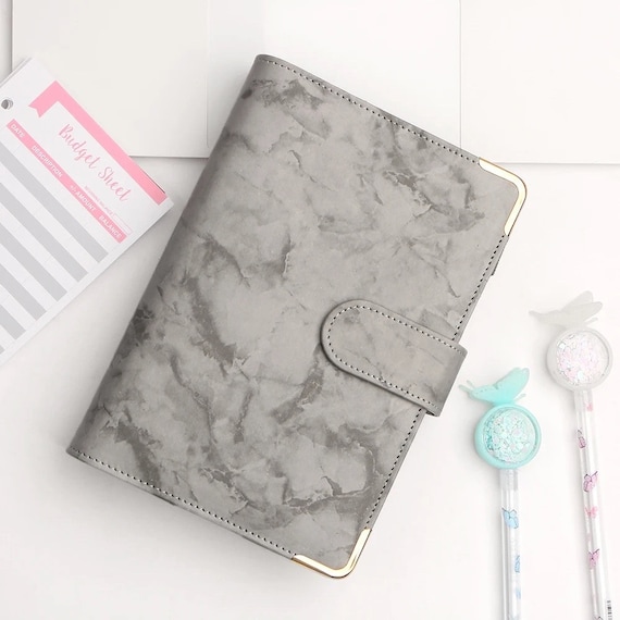 Marble Black Faux Leather A6 Budget Planner Binder With Zipper