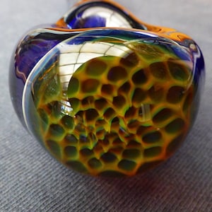 Amber honeycomb glass pipe. Hand made by me in WV USA pyrex / boro glass medium thick dark cobalt with thick honeycomb half marble on bowl.