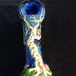 Tree Glass pipe Nightime/winter scene boro pyrex made in the USA Sculpted tree on thick cobalt glass pipe with moon, stars, and mushrooms