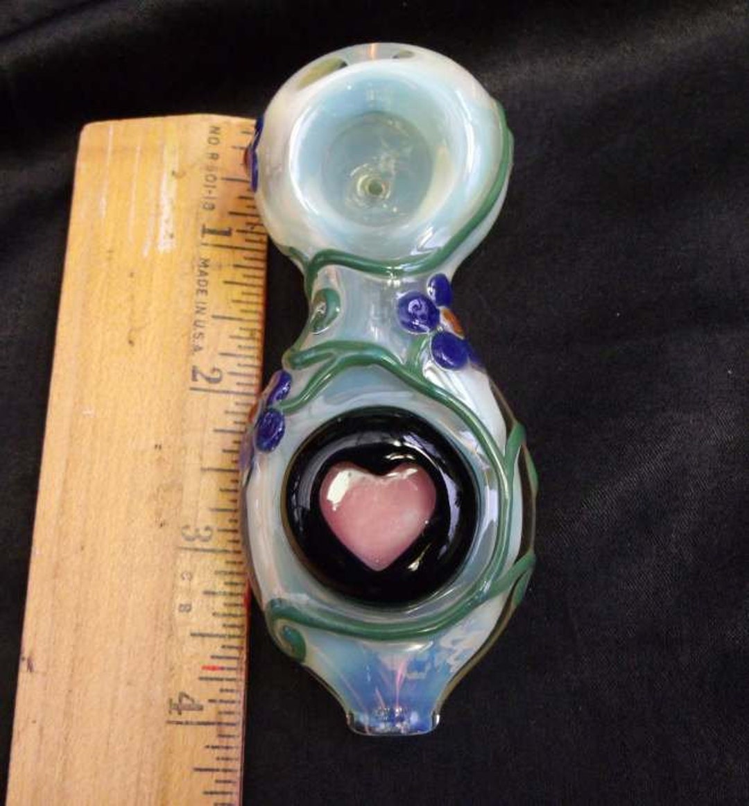 Pink Gold Heart and Flowers Hand Blown Boro/pyrex Glass Pipe