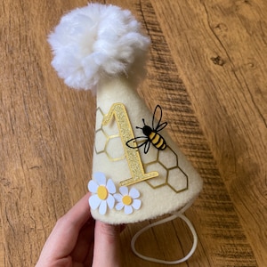 Bee Birthday Hat, Floral Bee Party Hat, Pom Pom Party Hat, 1st Bee-Day Party Prop