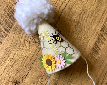 Sunflower Bee 1st Birthday Felt Party Hat with Pom Pom