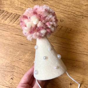 Whimsical Felt Birthday Hat: Cream, Pearls, Pom Pom