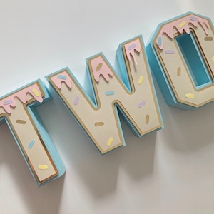 Duas letras 3D doces, letras 3D de sorvete, decoração de aniversário de rosquinha, decoração de festa de sorvete