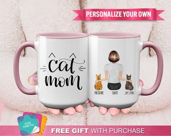 Personalized "Cat Mom" Mug with 2 cats - The Purr-fect Gift for the Cat Lover In Your Life, Pet Lover Gift, Unique Custom Gift, Handmade