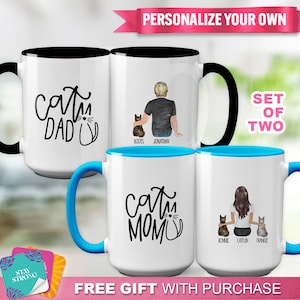 Set of 2 Cat Mom and Cat Dad Mugs – Custom Mug Set for Cat Lovers, Gift from Cats, Pet Owner Appreciation Gift, Personalized Cat Parent