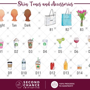 Skin tone and accessories slide shows three different skin tones you can use for the women on this mug: light, tan or dark. As well as shopping bags, flowers, money and drinks to choose from to go in the womens hands on the mug.